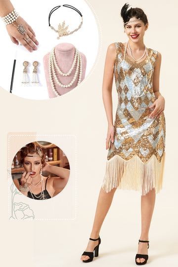 Franjas Lantejoulas Dourado 1920s Vestido Com 20s Accessories Set